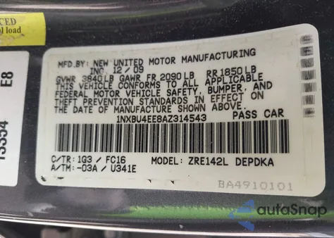 2010 Toyota Corolla Le z USA, uszkodzony, nr VIN 1NXBU4EE8AZ314543